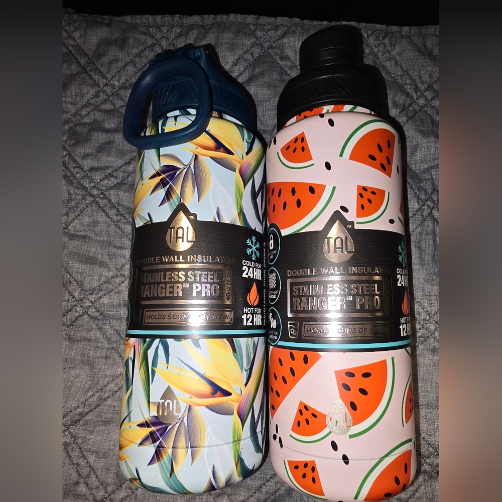 Two TAL 40 oz stainless steel water bottles with sports cap. NWT